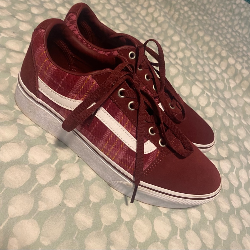 burgundy plaid flatform vans